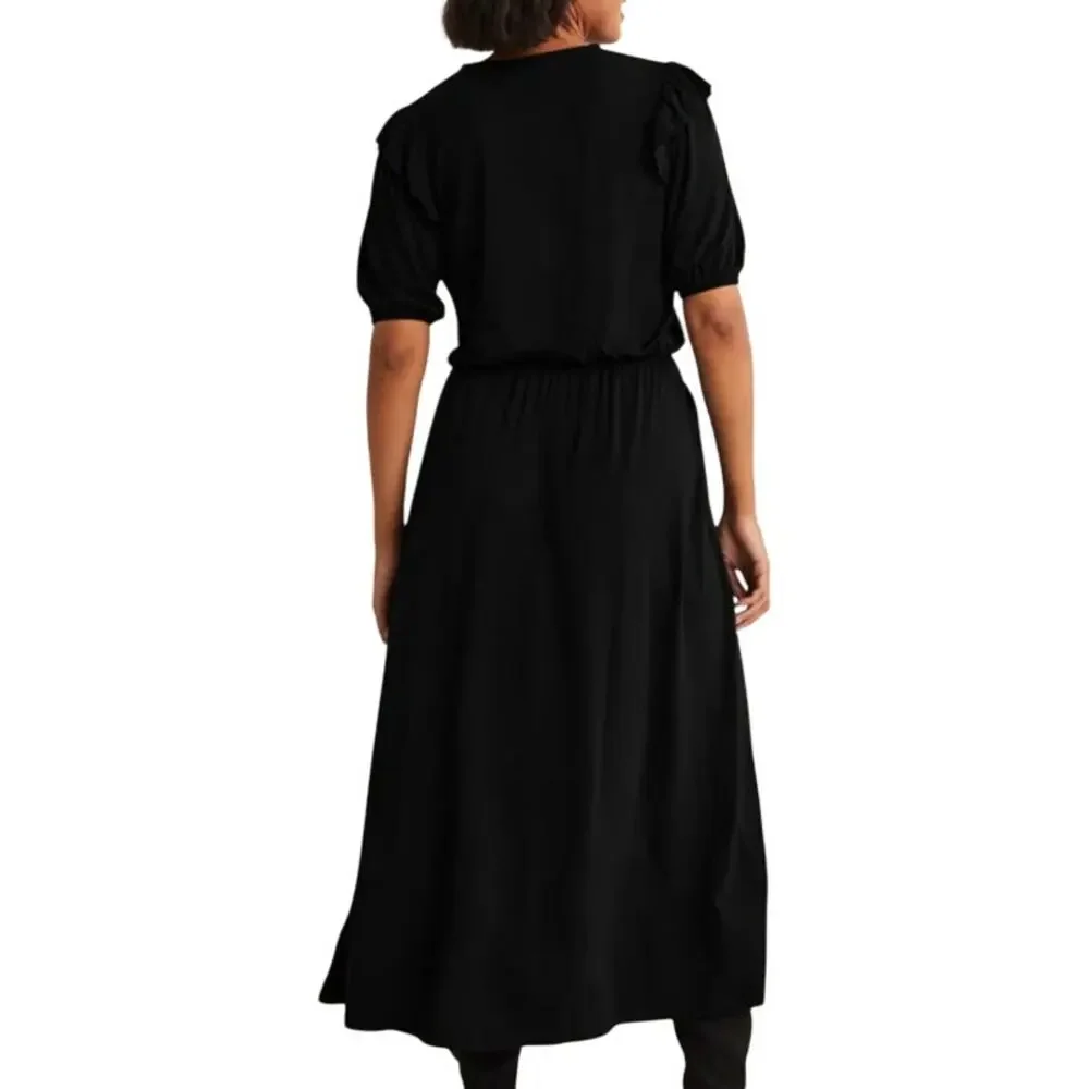 Boden 6 Black Ruffle Jersey Midi Basic Casual Minimalist Boho Office Work Dress